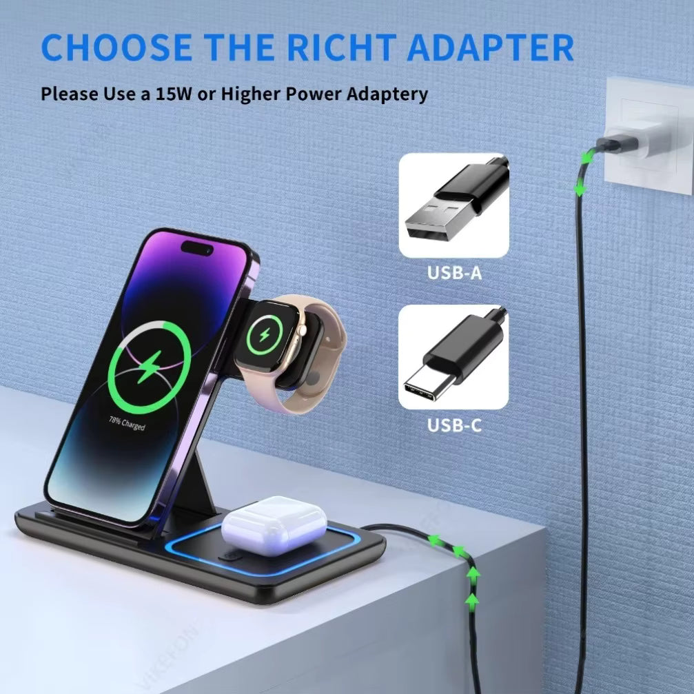 עמדת טעינה אלחוטית מתקפלת 3 ב-1 30W - iPhone, iWatch, AirPods