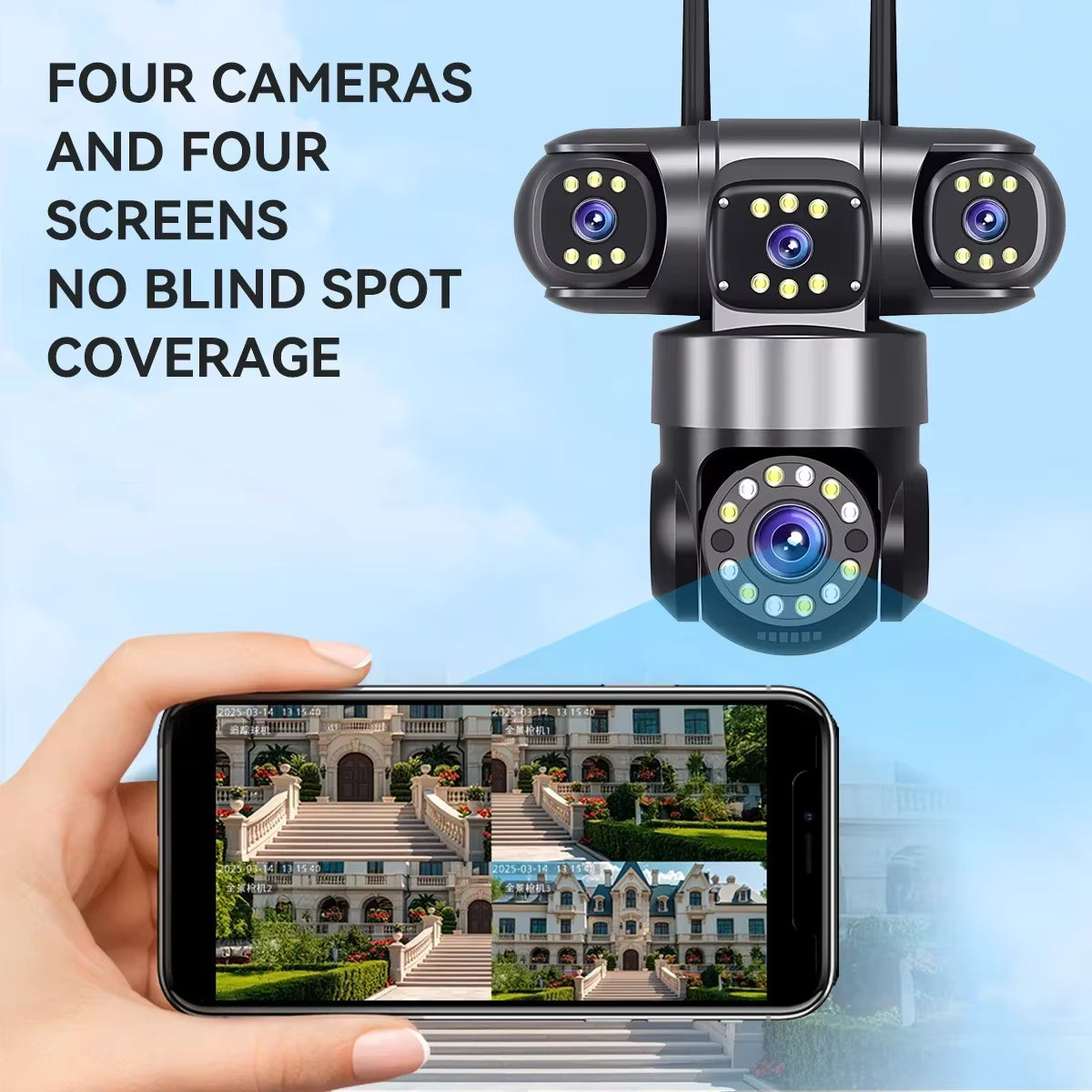 מצלמת אבטחה חיצונית WiFi 10K 20MP עם 4 עדשות | PTZ 360° זום 16X