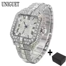 Unigoha Panda Diamond שעון גברים יוקרתי – היפ הופ אייס-אאוט, קוורץ מרובע